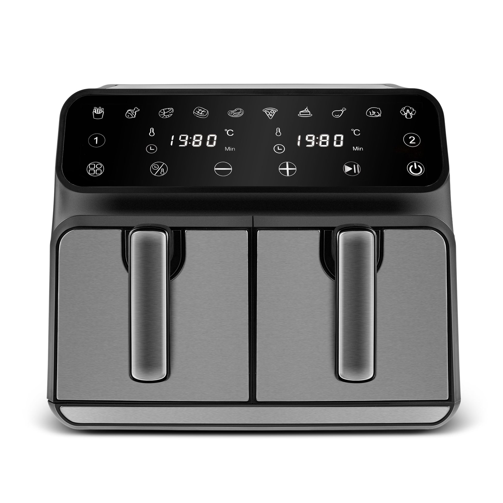 Karaca Multifry XXXL 4+4 litru digitālais Twin Airfryer - 1700 W jauda, 360 grādu gaisa cirkulācija, veselīgām maltītēm.