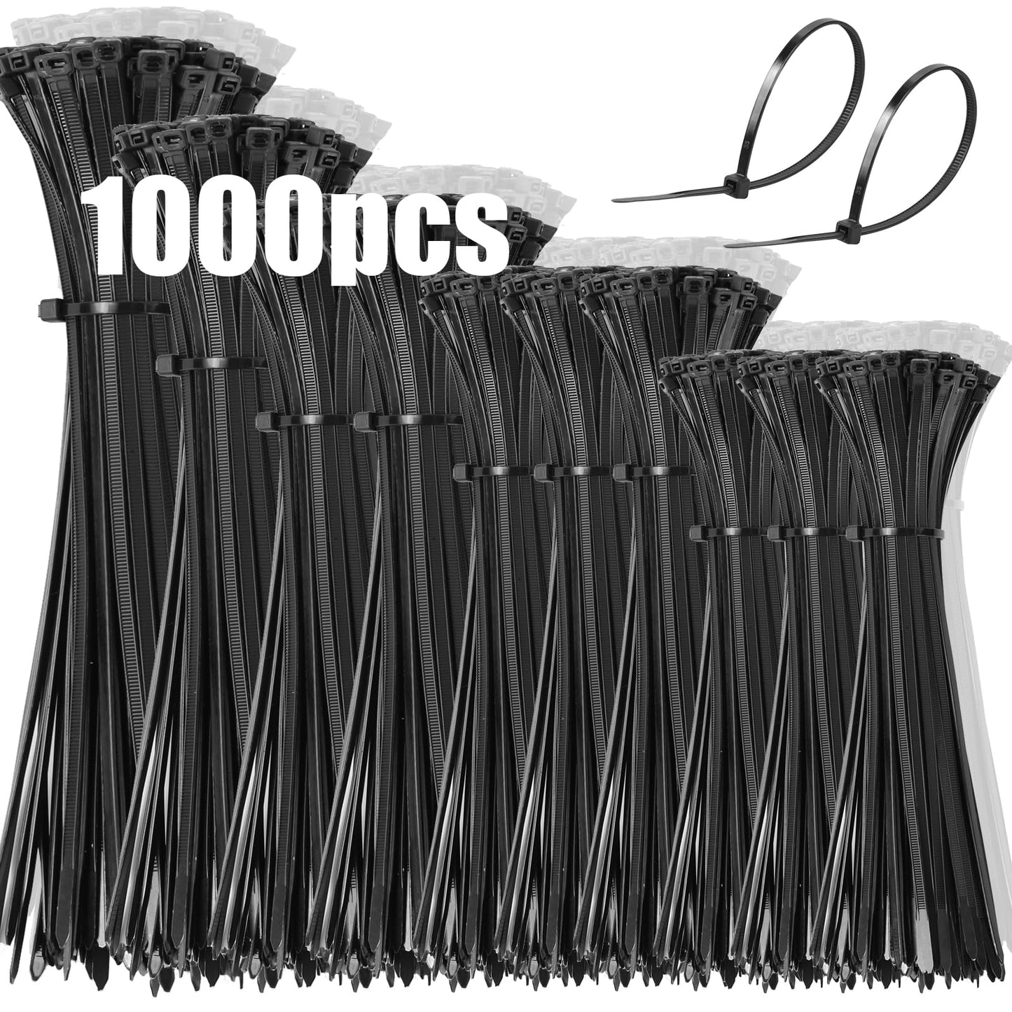 Kabeļu savilcēji DUNSOO, 1000 gab., 100/150/200/250/300mm, melni, UV izturīgi, temperatūrai un ķīmiskām vielām noturīgi, izturīgi zip ties