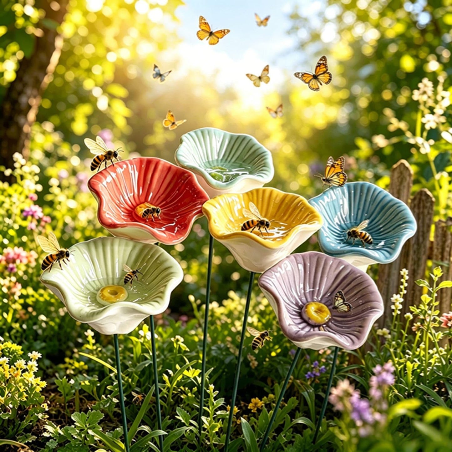Bienentränke für den Garten, Insektentränke Garten Bienenbar Wassertränke, Blüte Gartenstecker Ienentränke Keramik für Outdoor, Hof, Terrasse