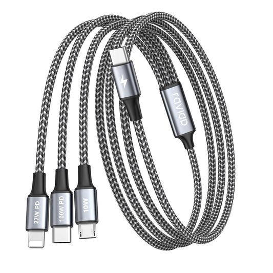 RAVIAD 100W USB C uz multi uzlādes kabelis 3 in 1 ātrās uzlādes kabelis 1.2 m