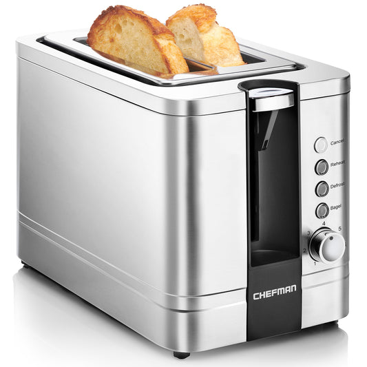Chefman nerūsējošā tērauda tosteris divām šķēlēm ar 7 brūnināšanas iestatījumiem, plašām atverēm bageliem, atkausēšanas/siltināšanas/apturēšanas funkcijām, izņemamu drupatu atvilktni, 925W, 240V, sudraba krāsā.
