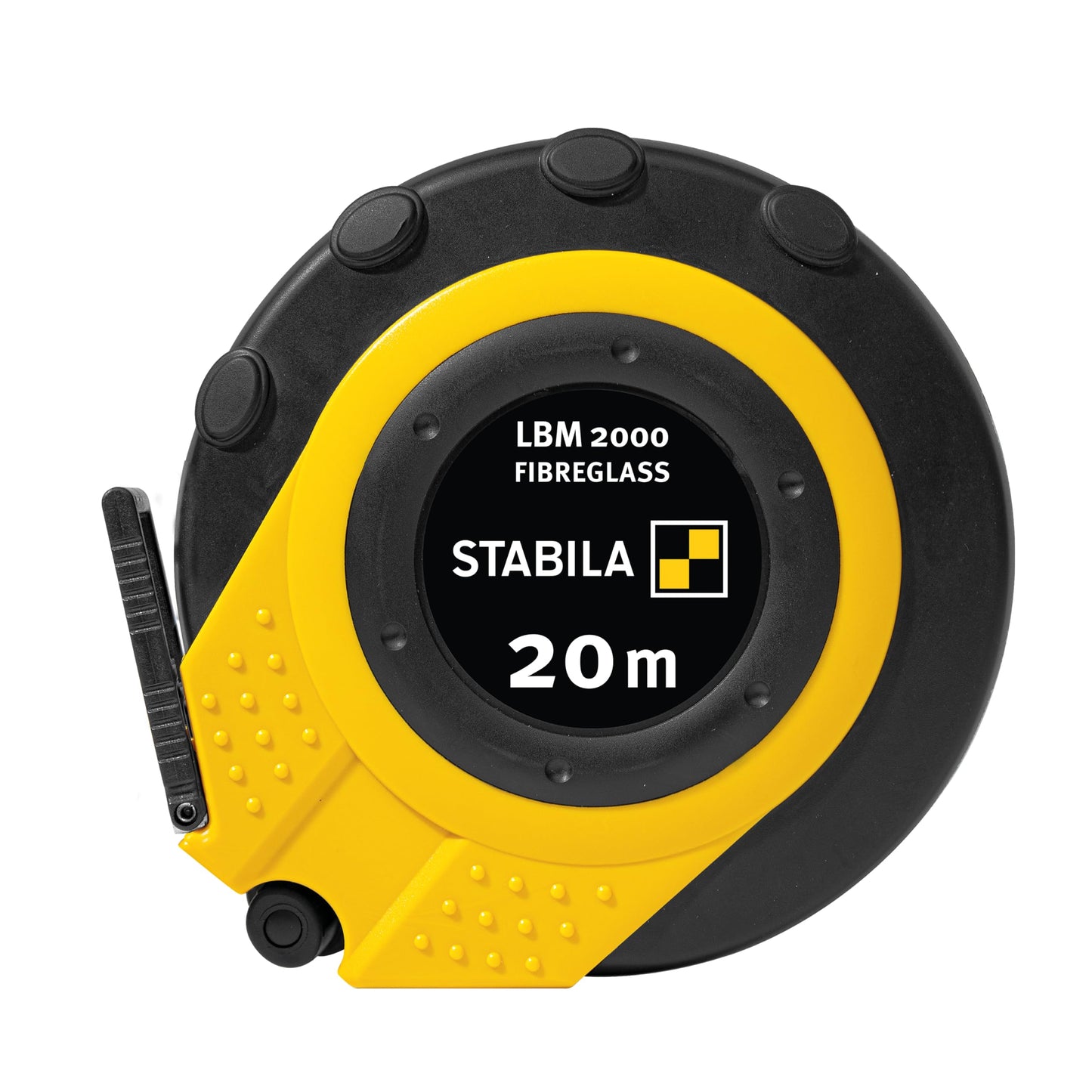 Mērlente STABILA LBM 2000 FIBREGLASS, 20 m, stiklašķiedras mērlente ar metrisko skalu un locījuma aizsardzību, Universalhaken, triecienizturīga kapsula, MID precizitāte, LBM2000 FI20, melna/dzeltena
