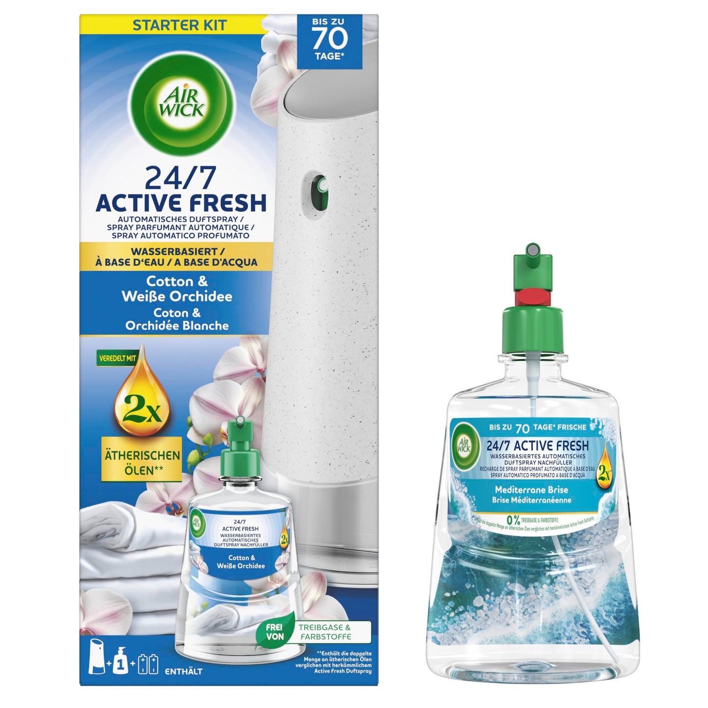 Automātiskais gaisa atsvaidzinātājs Air Wick Active Fresh, komplekts ar uzpildi, uz ūdens bāzes, 1x228ml Kokvilnas un baltās orhidejas aromāts un 1x 228ml Vidusjūras vēsma