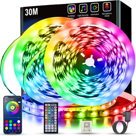Keepsmile LED lente 30m, RGB LED lente ar tālvadību un Bluetooth lietotni, taimeris, dimmējama LED gaismas lenta mūzikas sinhronizācijai, krāsu maiņas LED virtene spēļu istabas dekoram (2 x 15 m)