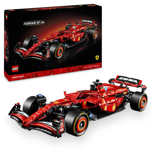 LEGO Technic Ferrari SF-24 F1 - 1:8 scale model with V6 engine, gearbox, steering, and DRS for racing fans 42207