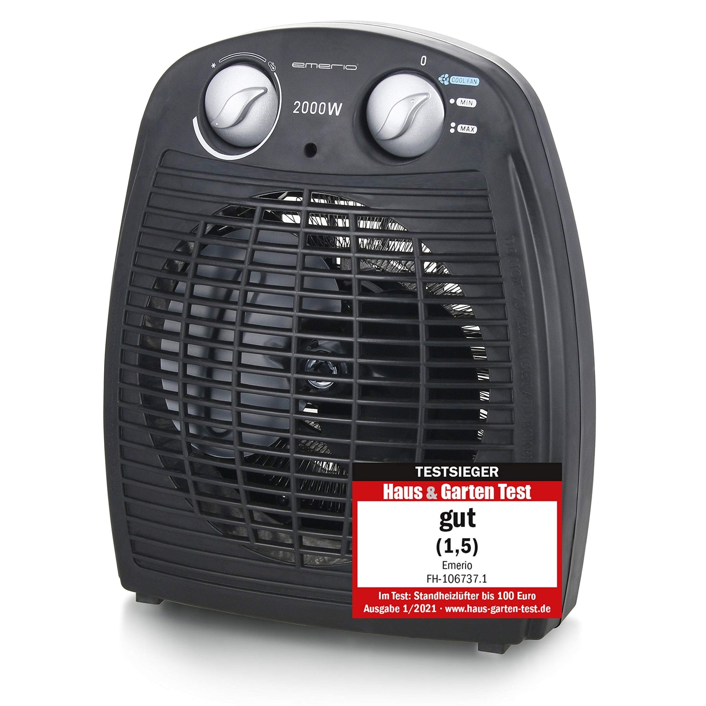 Elektriskais sildītājs Emerio FH-106737.2, Note 1.5, kompakts portatīvs sildītājs 25 m², 2 sildīšanas jaudas + ventilatora funkcija, regulējams termostats, drošības slēdzis, rokturis, 2000 Watt, antracīts