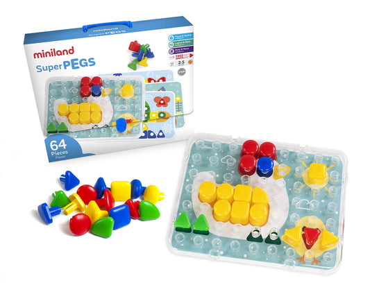 Miniland Superpegs - Multicolored geometric mosaic pegs, 64 pieces for creative play and learning.