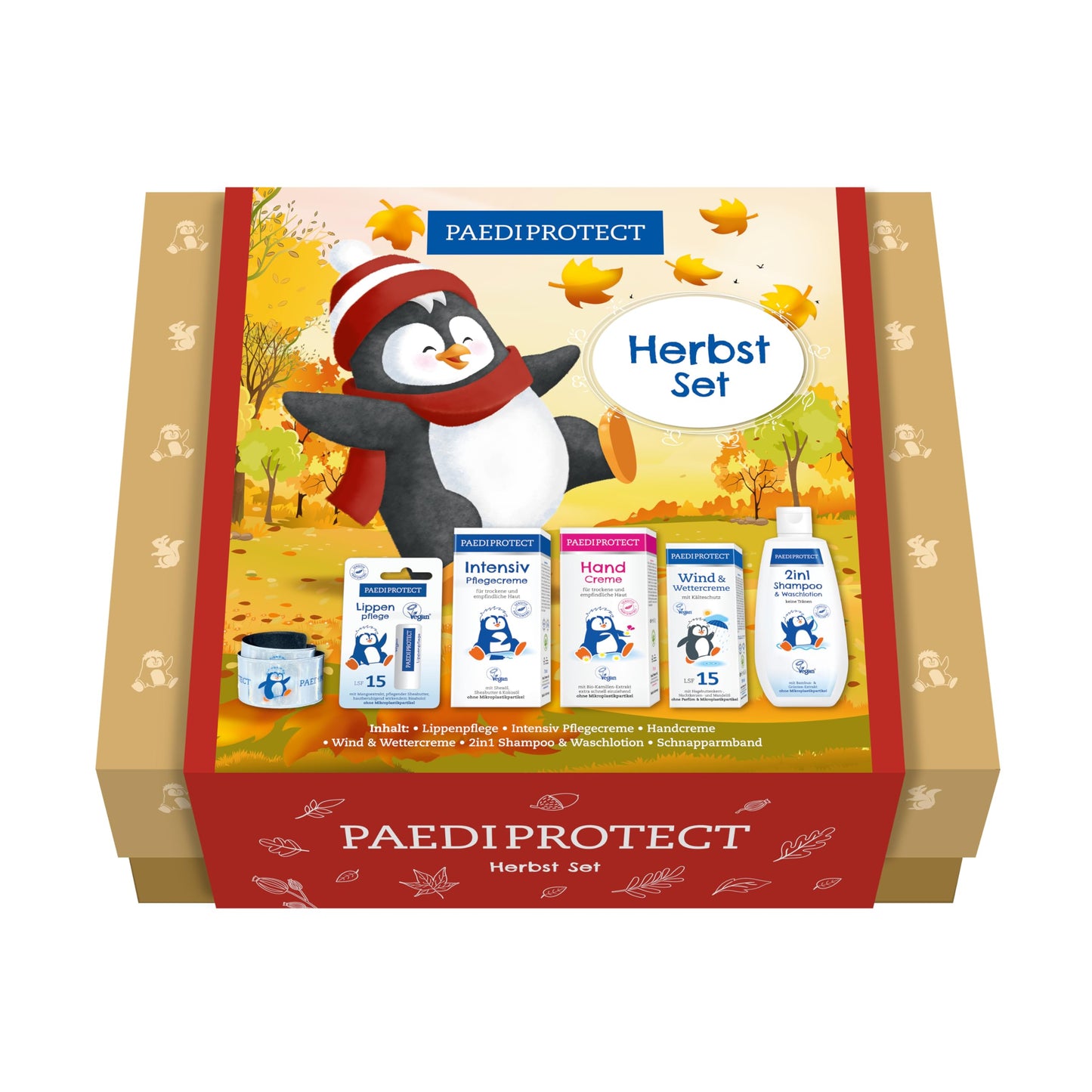 Bērnu un ģimenes ādas kopšanas komplekts PAEDIPROTECT Herbst Set, 6 daļas, aukstuma un saules aizsardzība, bez smaržvielām un mikroplastmasas, vegāns