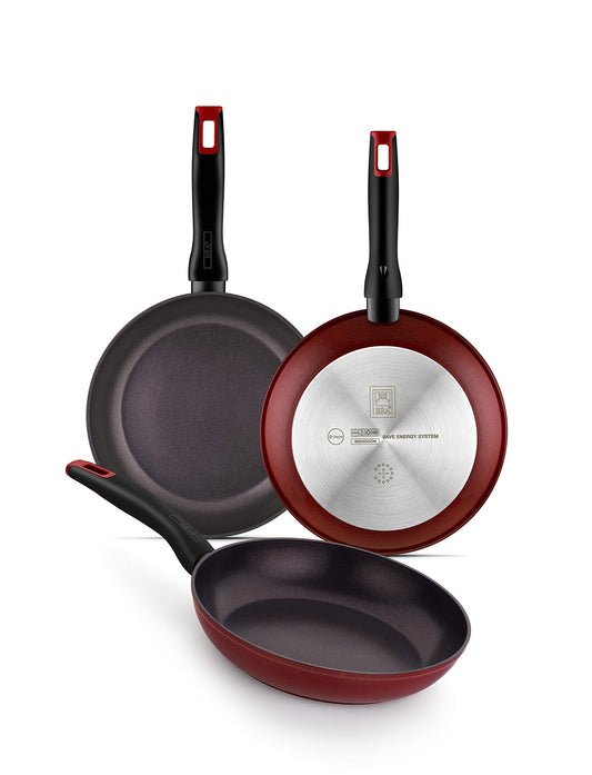 BRA Red Diamond - 3-piece set of forged aluminum pans (18-22-26 cm), non-stick, PFOA-free, diamond and titanium reinforced, induction compatible.
