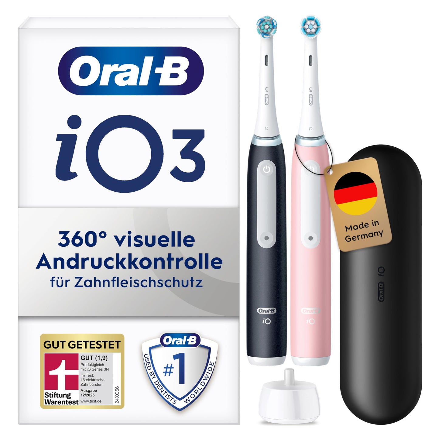 Oral-B iO Series 3 Elektriskā zobu birste — divu iepakojums — Elektriskā zobu birste, iekļauj 2 uzgaļus, 3 tīrīšanas režīmus zobu kopšanai — Izstrādājusi Braun, LABI PĀRBALSTĪTS no STIFTUNG WARENTEST, Melna/Rozā