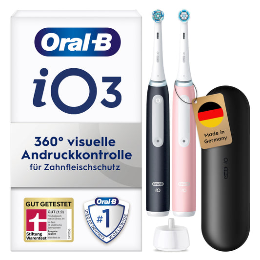 Oral-B iO Series 3 Elektriskā zobu birste — divu iepakojums — Elektriskā zobu birste, iekļauj 2 uzgaļus, 3 tīrīšanas režīmus zobu kopšanai — Izstrādājusi Braun, LABI PĀRBALSTĪTS no STIFTUNG WARENTEST, Melna/Rozā
