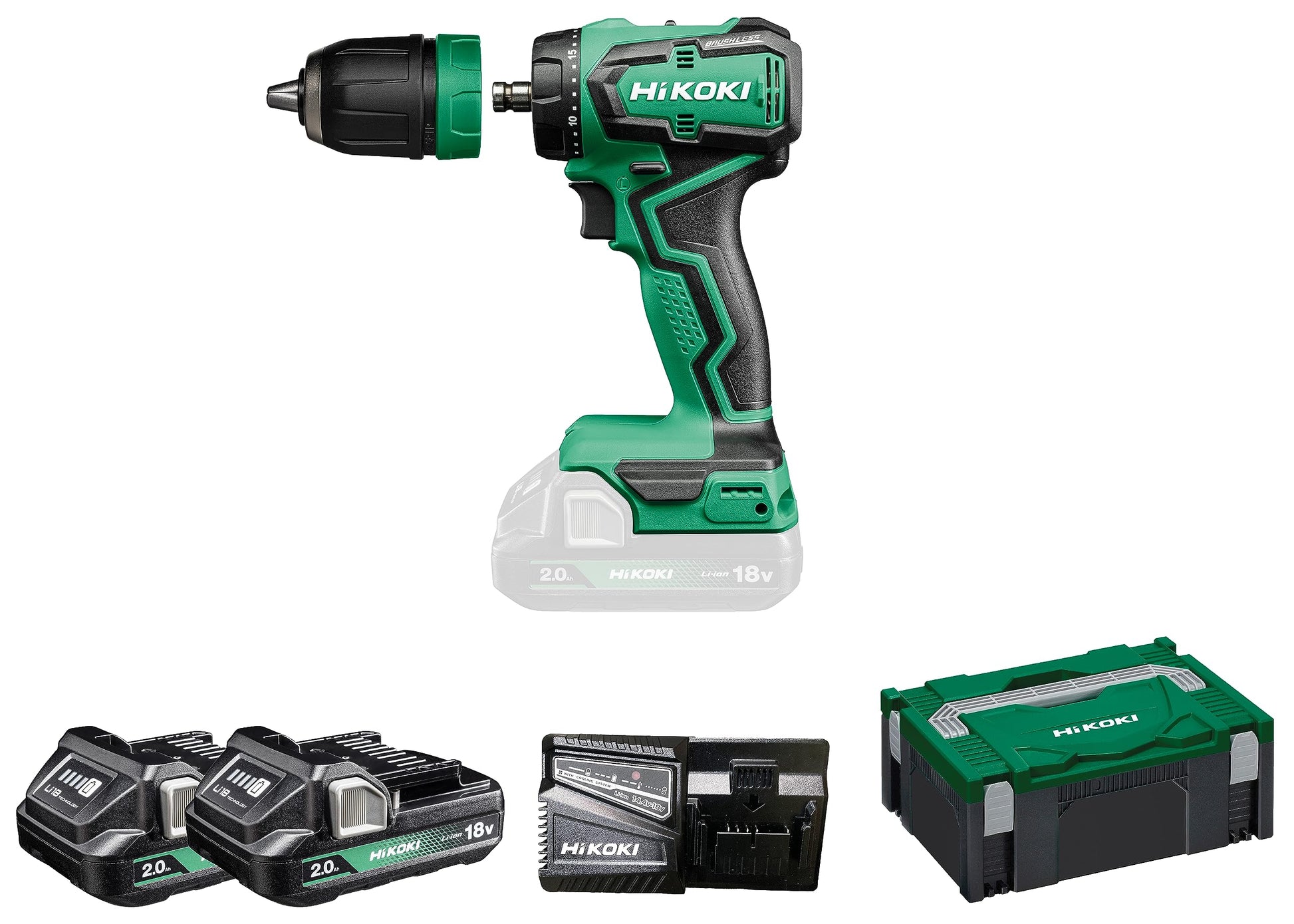 HIKOKI akumulatora urbjmašīna Quick DS18DDQ - 18V, 2x2,0 Ah, 55 Nm griezes moments, 0-1700 min-1, 1,5-13 mm urbja patrona