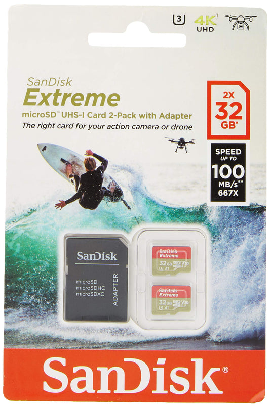 6. SanDisk Extreme 32 GB microSDhC atmiņas karte darbības kamerām un droniem ar A1 lietotņu veiktspēju līdz 100 MB/s, Class 10, U3, V30 - divu iepakojums