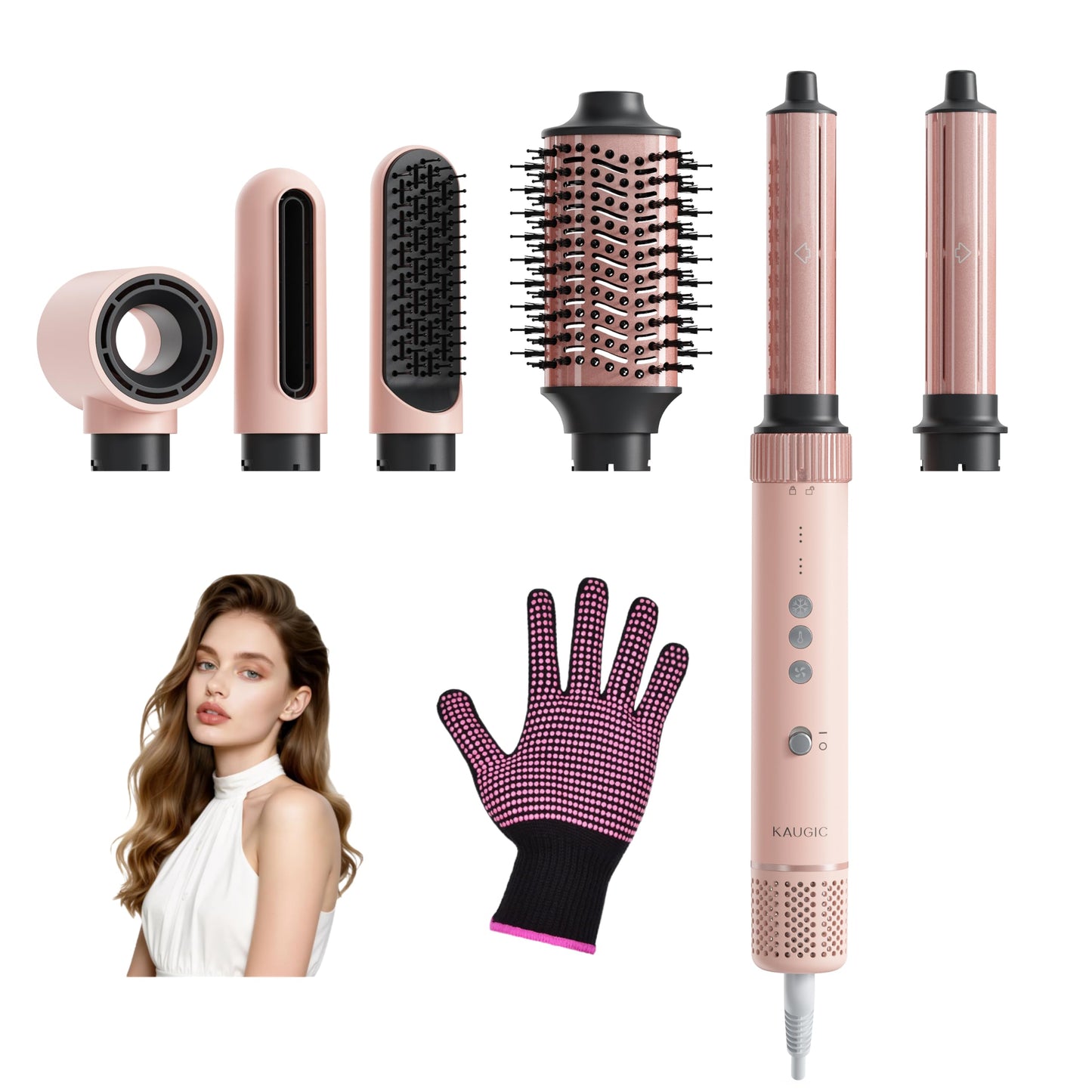 Matu veidotājs 6-in-1, Airstyler, lokšķēres, 110000 U/Min augstas veiktspējas jonu fēns, žāvēšana un taisnošana, fēnbirste, karstā gaisa birste, apaļā birste, rozā