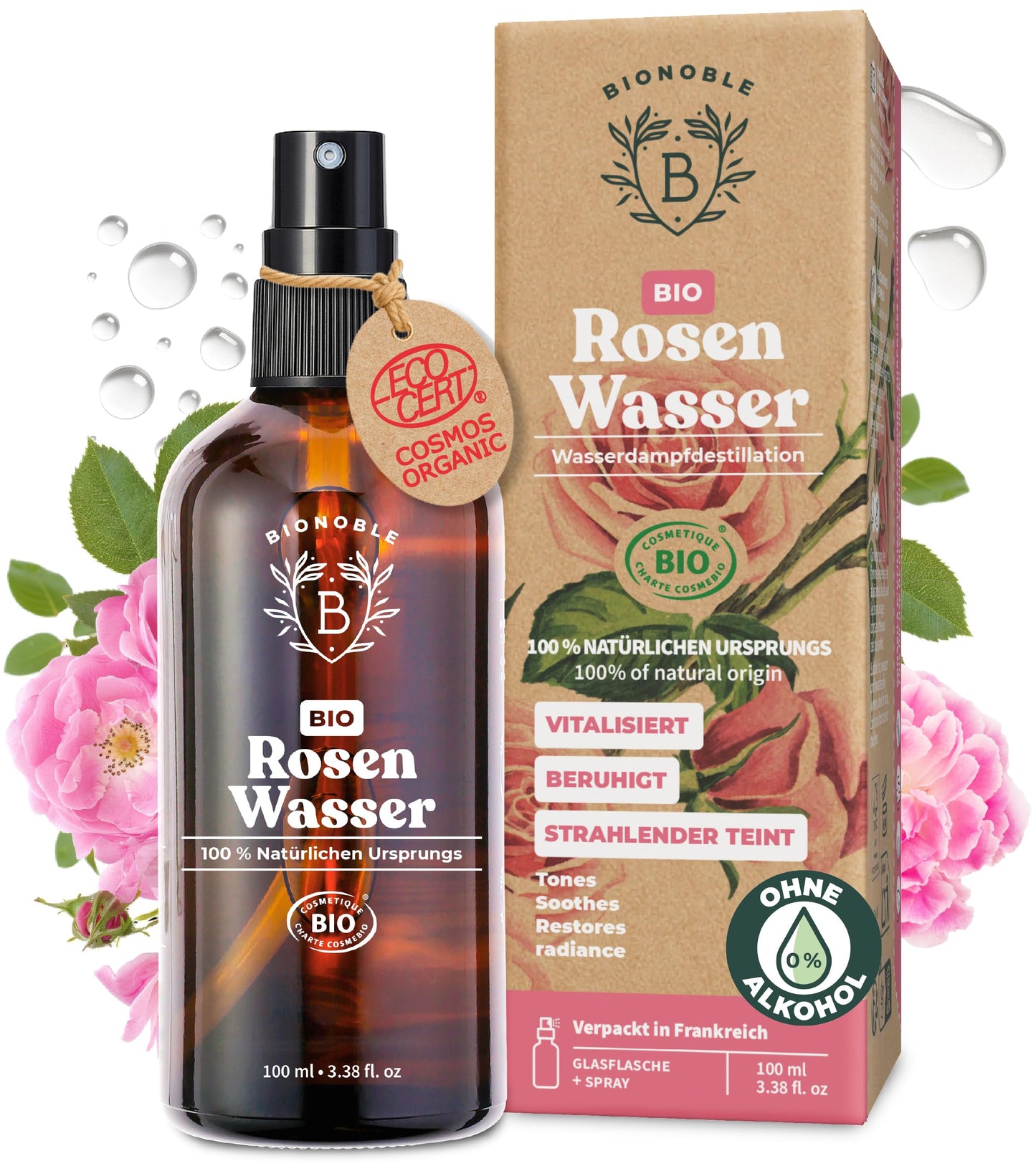 BIONOBLE rožu ūdens bio sprejs, sejas toniks, rožu hidrolāts matiem, 100 ml