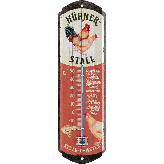 LANOLU retro metāla zīme HÜHNERSTALL THERMOMETER analog – vistu dekorācija kūtij, dārzam, vintage zīme – metāla tablo ar vistu – dāvana vistu mīļotājiem 8x28cm