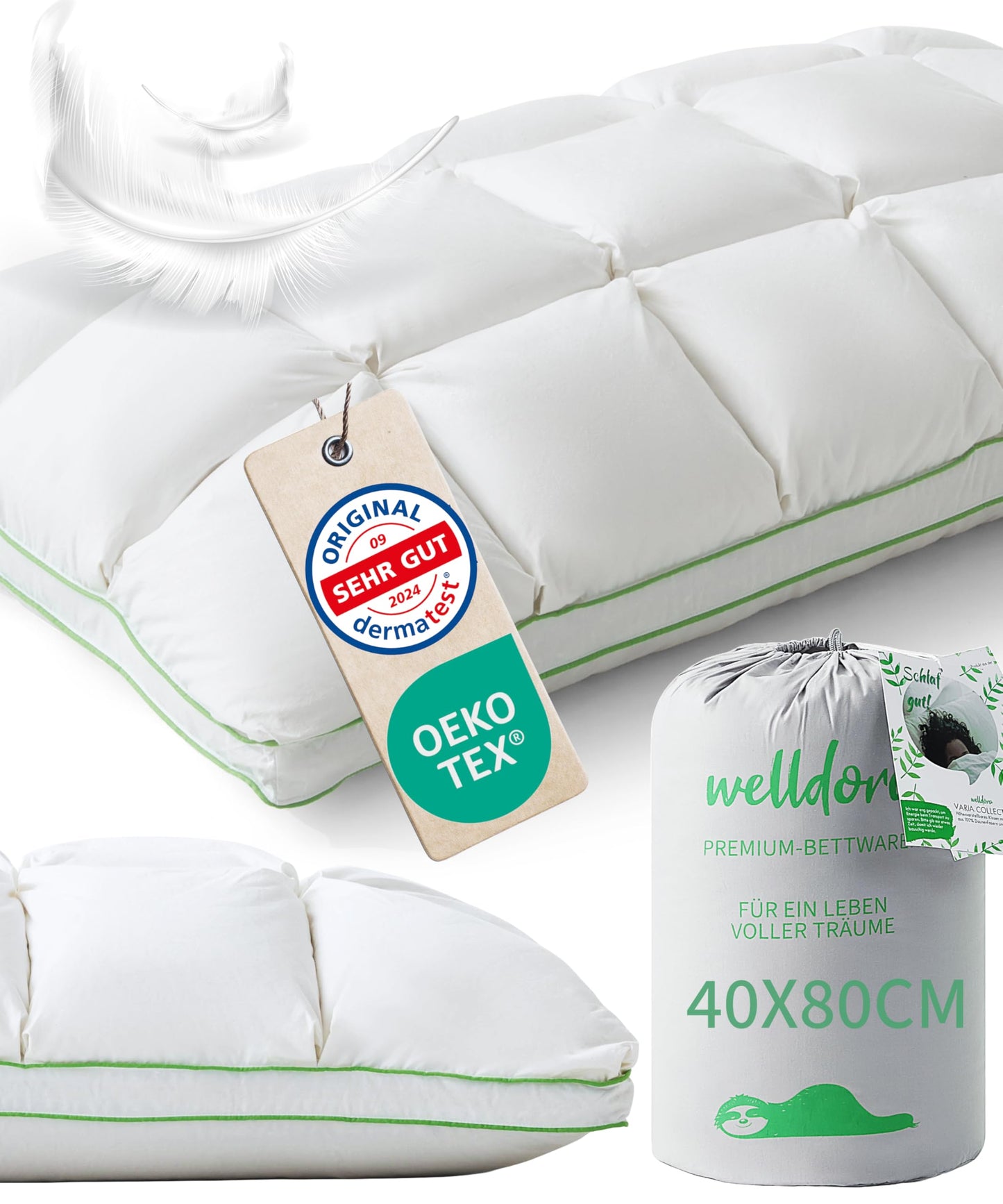 Premium spilvens Welldora 40x80, 100% dūnu šķiedras un spalvas, vidēji stingrs