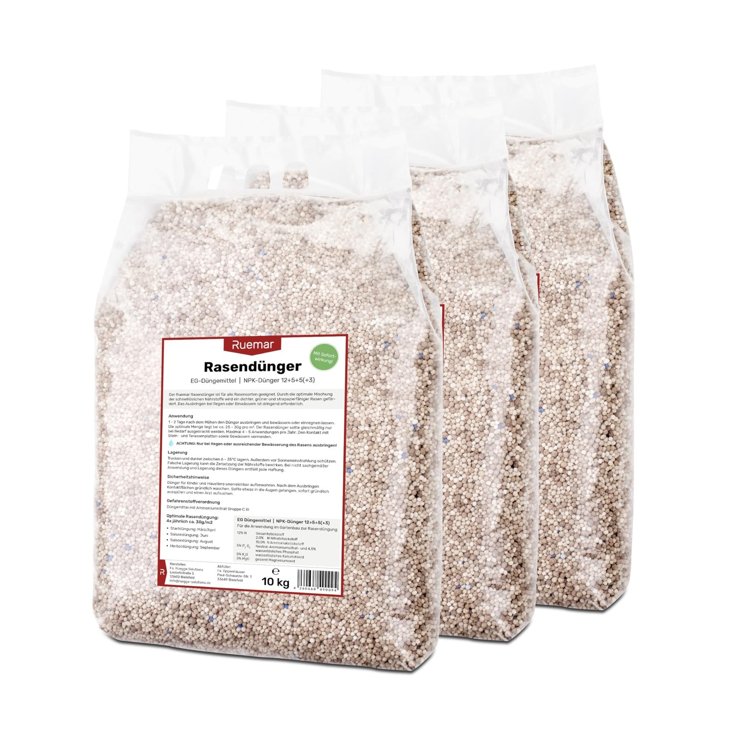 Mēslojums zālienam RUEMAR 30 kg (3x 10 kg), barības vielām bagāts mēslojums zālei un dārzam, ūdenī šķīstošs granulu mēslojums kaisīšanai, visiem zāliena veidiem, tūlītēja un ilgstoša iedarbība (3 mēneši), EG mēslojums