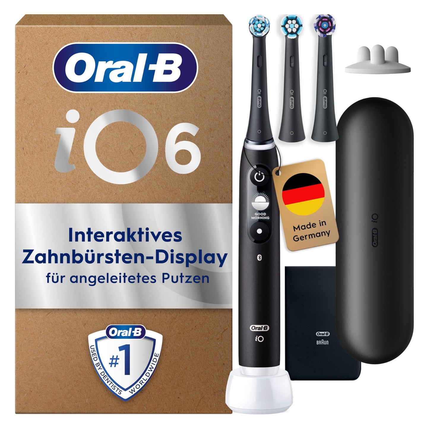 Oral-B iO Series 6 Plus Edition Elektriskā zobu birste, iekļaujot 3 uzgaļus, 5 tīrīšanas režīmus zobu kopšanai, ceļojumu futrāli, izstrādājusi Braun, melna