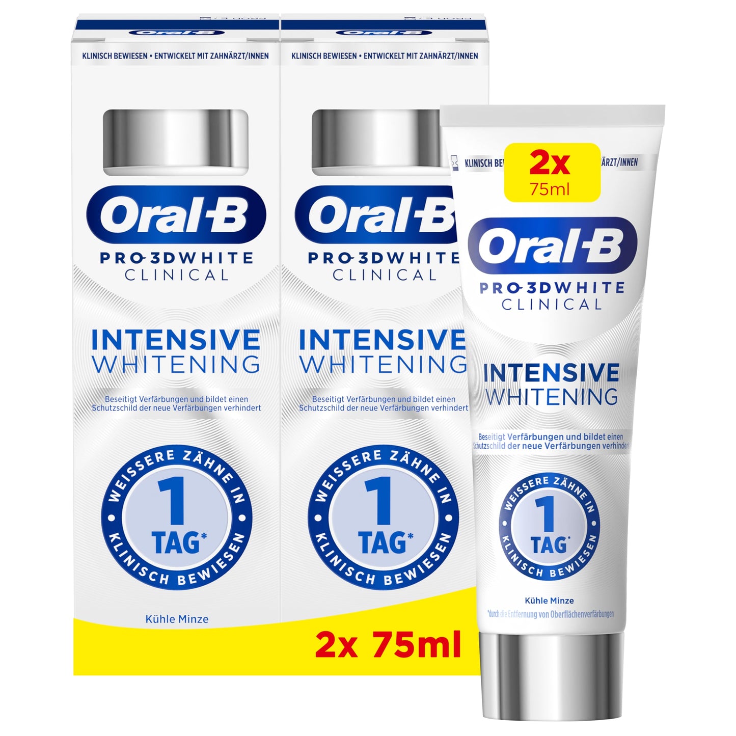 Zobu balinošā pasta Oral-B Pro 3D White Clinical Intensive Whitening, 2x75ml, baltākiem zobiem 1 dienā, vēsas piparmētras garša