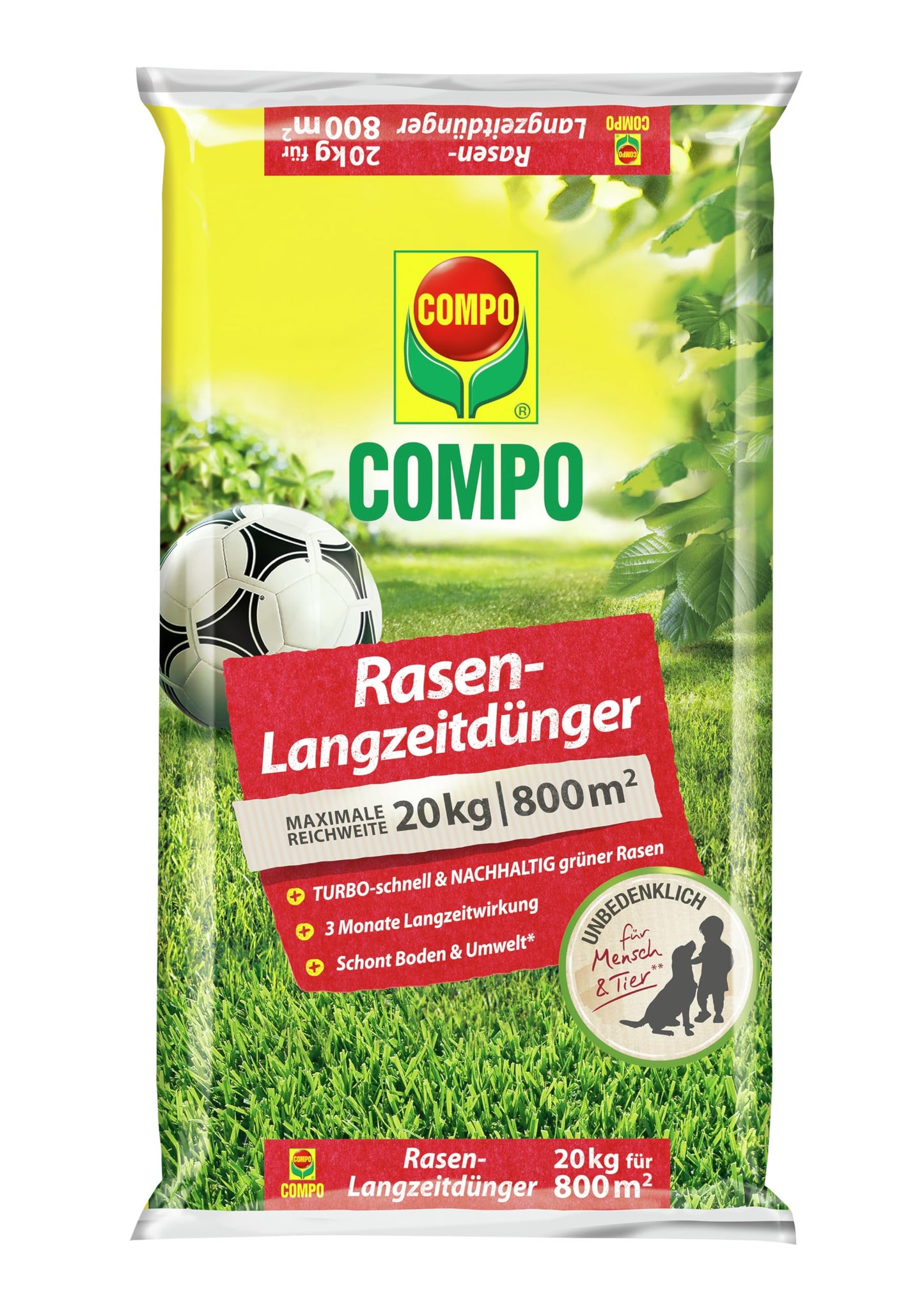 COMPO zāliena mēslojums ar 3 mēnešu ilgstošu iedarbību pavasarim un vasarai, dzīvniekiem draudzīgs, premium klases ilgstošas iedarbības zāliena mēslojums, 20 kg līdz 800 m²