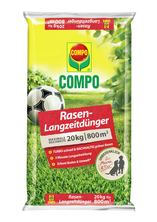 COMPO zāliena mēslojums ar 3 mēnešu ilgstošu iedarbību pavasarim un vasarai, dzīvniekiem draudzīgs, premium klases ilgstošas iedarbības zāliena mēslojums, 20 kg līdz 800 m²
