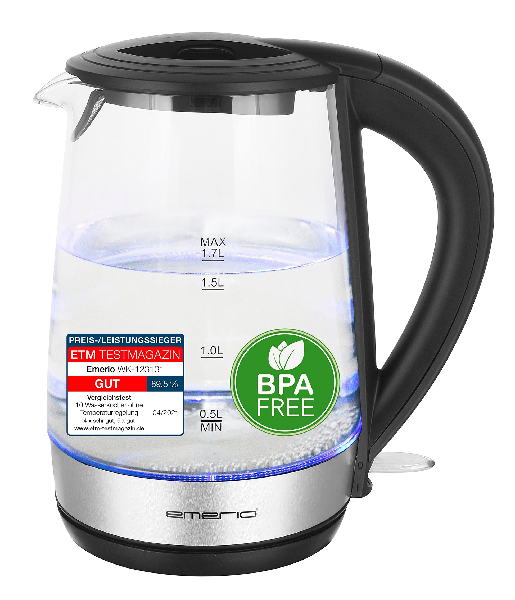 Emerio WK-123131 - 1.7L borosilikāta stikla tējkanna, 2200W, bez BPA, zils LED apgaismojums, automātiska izslēgšanās.
