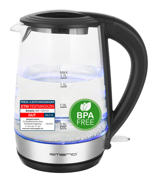 Emerio WK-123131 - 1.7L borosilikāta stikla tējkanna, 2200W, bez BPA, zils LED apgaismojums, automātiska izslēgšanās.