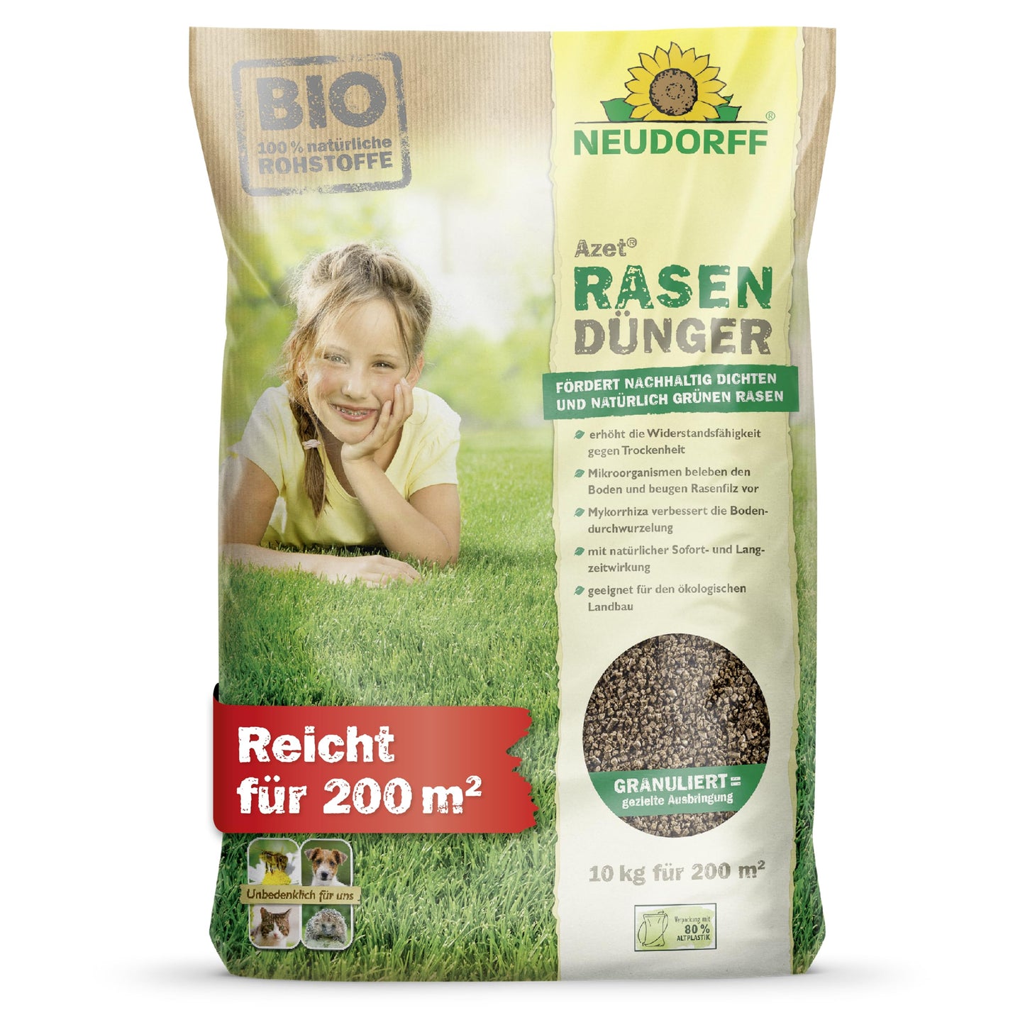 Bioloģiskais zāliena mēslojums Neudorff Azet RasenDünger 10 kg līdz 200 m² ar 6 mēnešu ilgstošu iedarbību