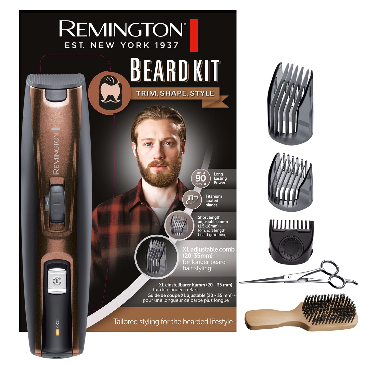 Barttrimmer Remington vīriešiem, Beard Kit MB4046, komplekts bārdas kopšanai ar XL garo pilnbārdas uzgali, 0,4 mm-35 mm, titāna pašasinošām asmeņiem, 3 ķemmes, darbība no tīkla un akumulatora
