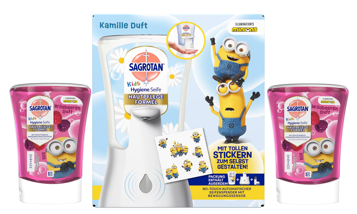 Sagrotan No-Touch Kids roku mazgāšanas komplekts ar 1 x 250 ml Kamille un 2 x 250 ml Wildbeere uzpildēm