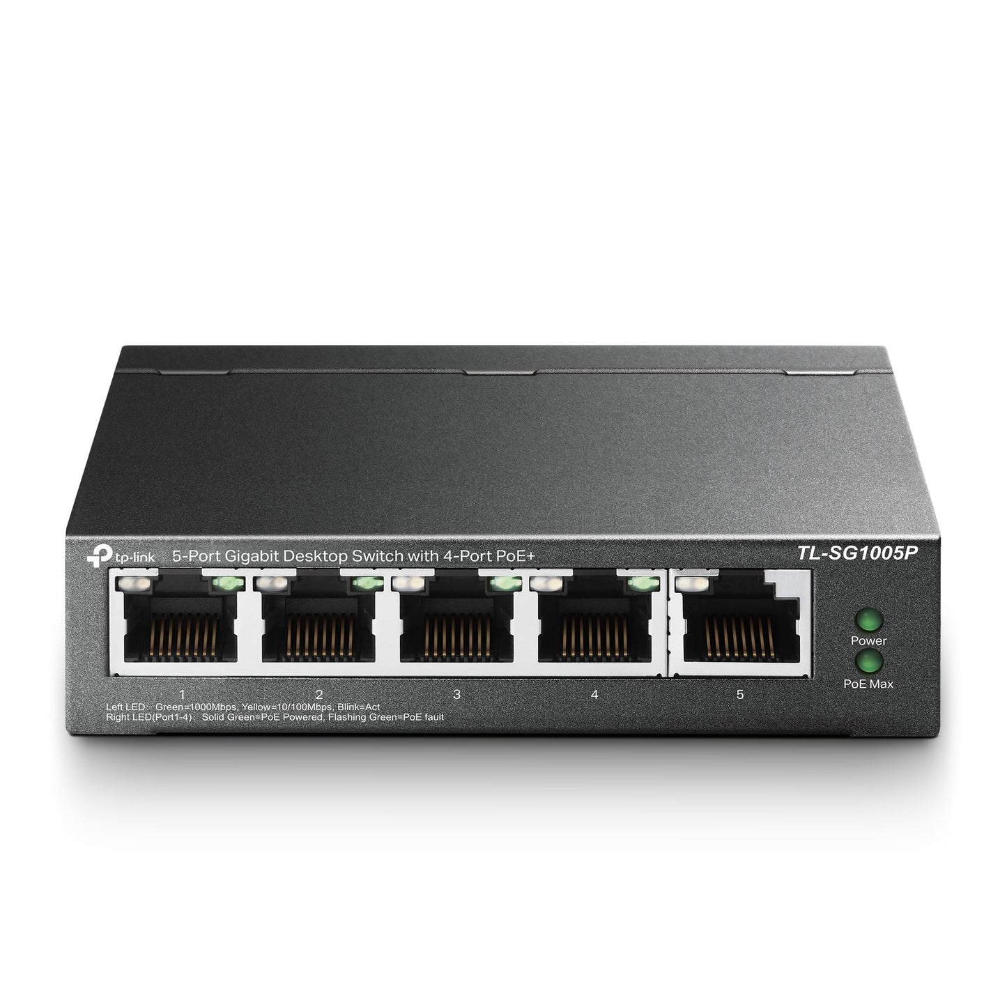 Gigabit PoE slēdzis TP-Link TL-SG1005P, 5 porti, 4 PoE+ porti, 65 W, IEEE-802.3af/at, gatavs lietošanai, izturīgs metāla korpuss