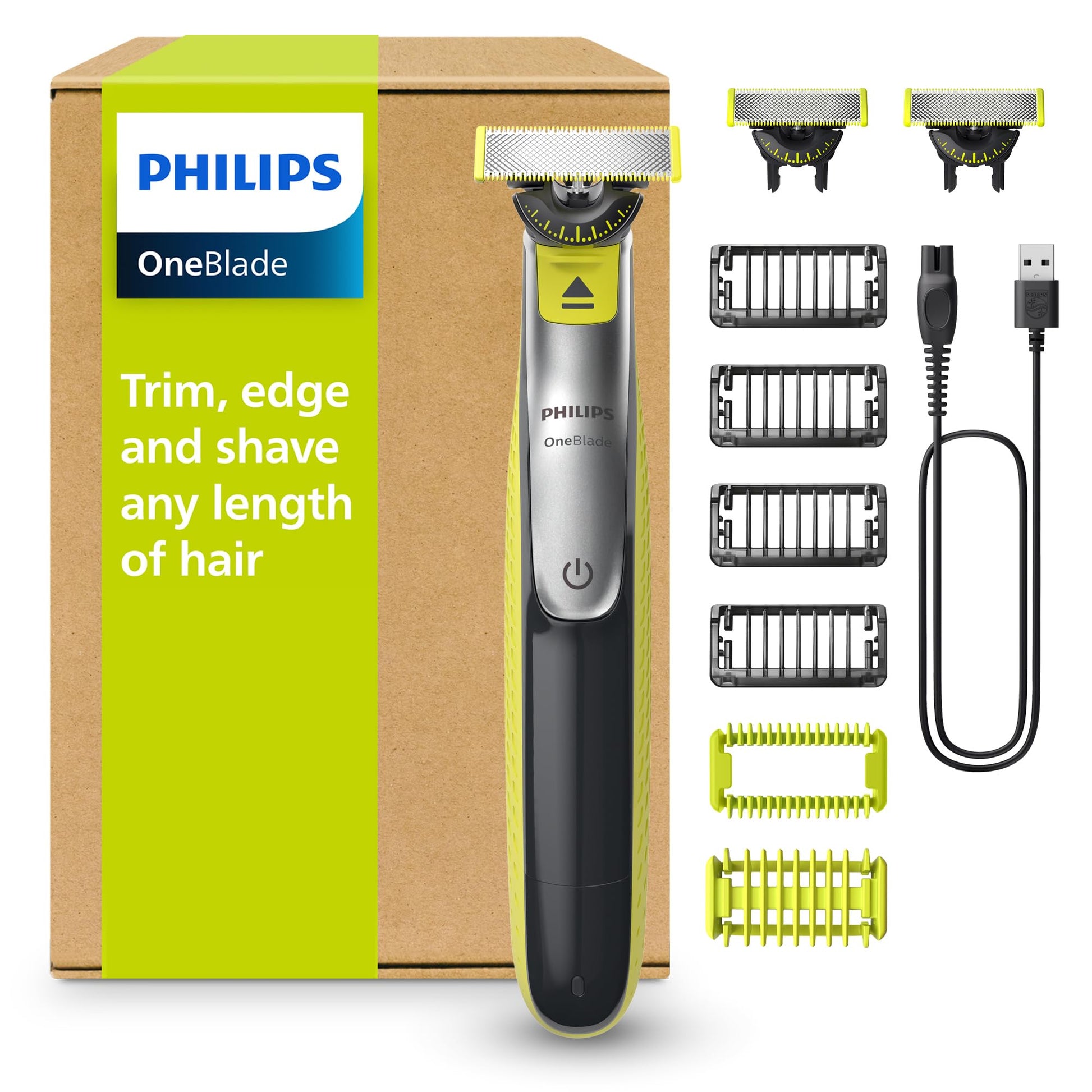 PHILIPS OneBlade 360 Sejai un Ķermenim - elektriskais skuveklis, trimmeris un ķermeņa kopšanas ierīce, 3x 360 asmeņi, 4x griešanas uzgaļi (1/2/3/5 mm), 2x ķermeņa uzgaļi, mitra un sausa skūšanās sejai un ķermenim (QP2834/31)