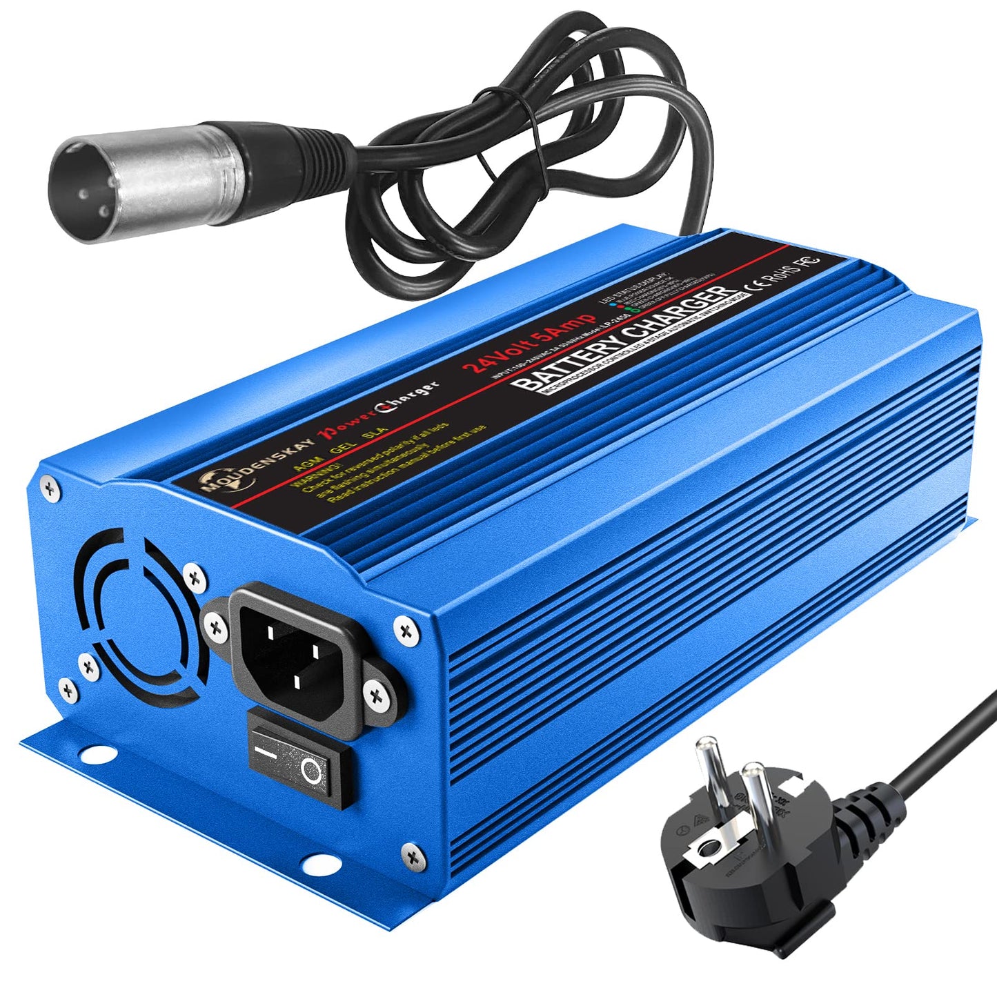 MOUDENSKAY 24V 5Amp viedais automātiskais akumulatora lādētājs, 24V lādētājs ar XLR savienotāju skrejritenim, ratiņkrēslam, automašīnai, motociklam, uzturēšanas lādētājs ar slēdzi