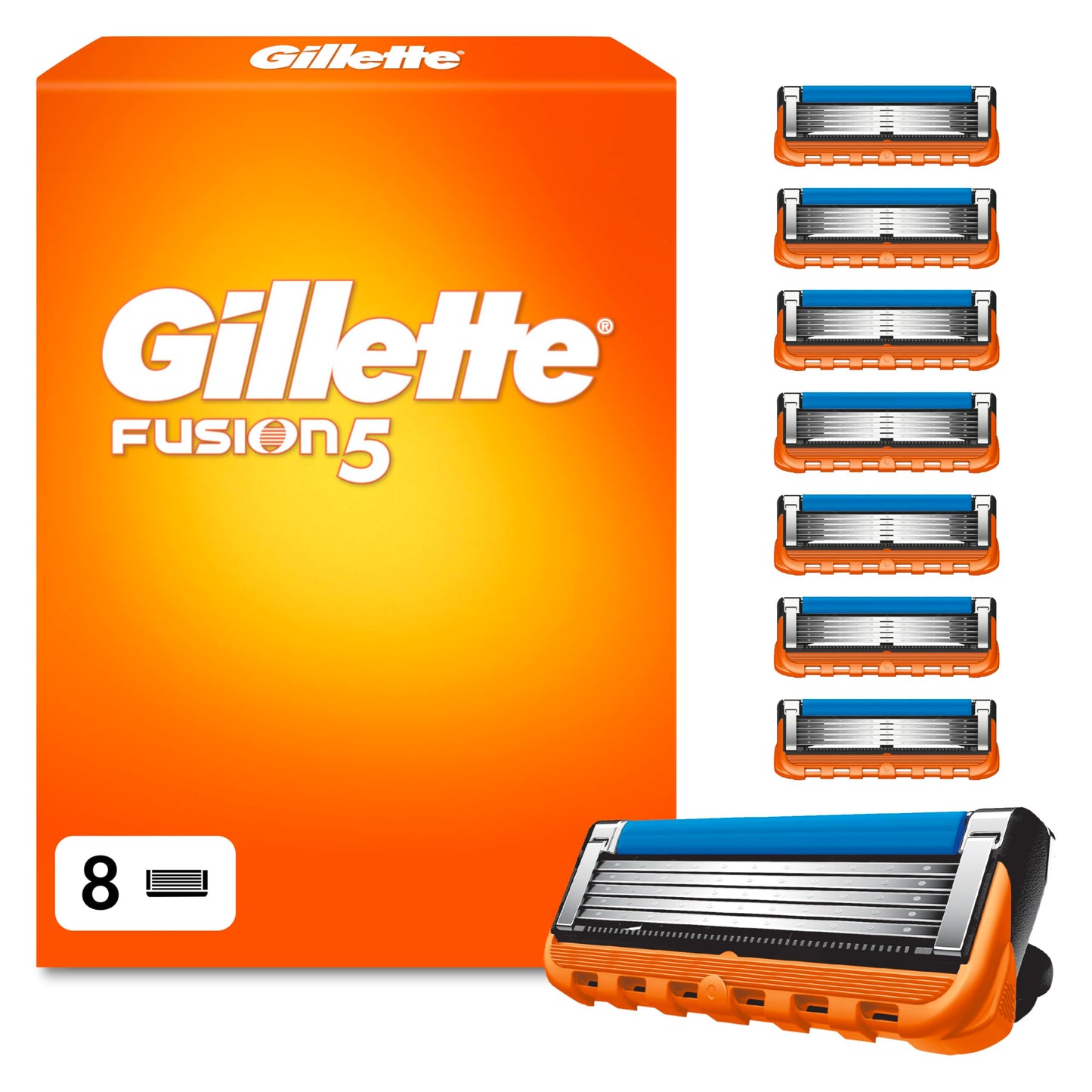 Gillette Fusion5 skūšanās asmeņi vīriešiem, 8 oriģinālās skuvekļa kasetnes, Orange
