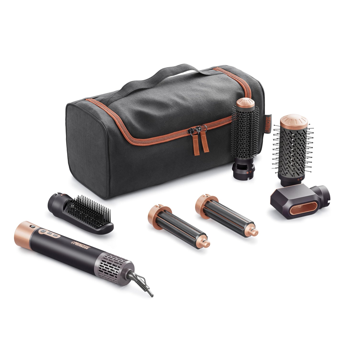 Matu veidotājs Princess Airstyler Plus, 6-in-1 veidošanas rīks ar DC motoru, 3 sildīšanas līmeņiem, 2 ātrumiem, LED indikatoru, 6 uzgaļiem, cimdu un uzglabāšanas somu, 1000 W, 529215