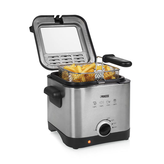 Princess Mini-Fritteuse 182612 - 1.5L capacity, 1000W power, fries up to 400g, silver and black design.