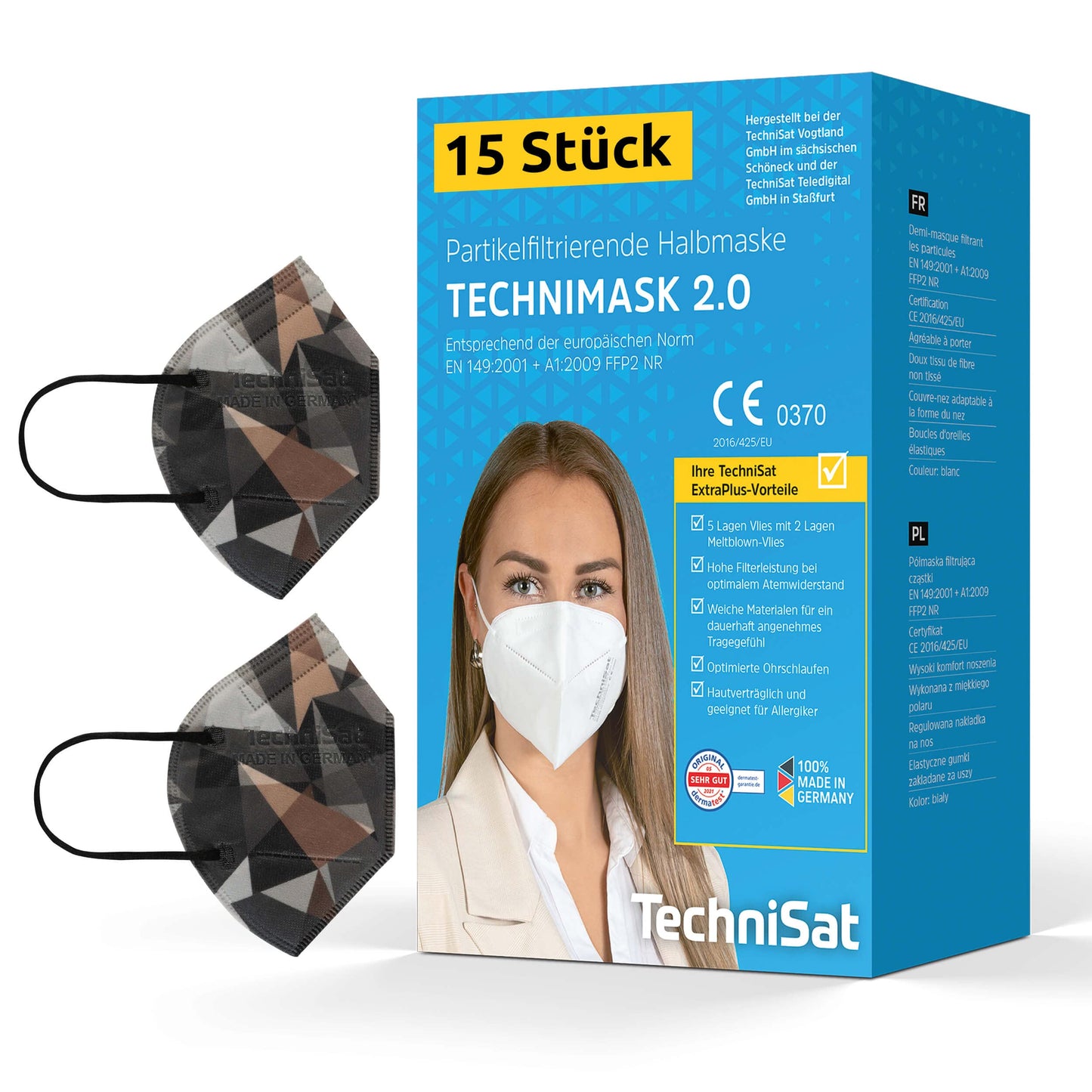 TechniSat TECHNIMASK 2.0 FFP2 maska, 5 slāņu sejas maska, kamuflāža, 15 gab.