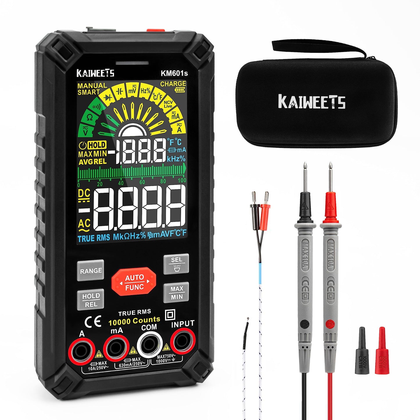 Multimetrs KAIWEETS KM601S ar 10000 skaitījumiem, uzlādējams digitālais multimetrs ar True RMS, Auto-Range, viedais strāvas mērītājs sprieguma, strāvas, pretestības, nepārtrauktības un frekvences mērīšanai