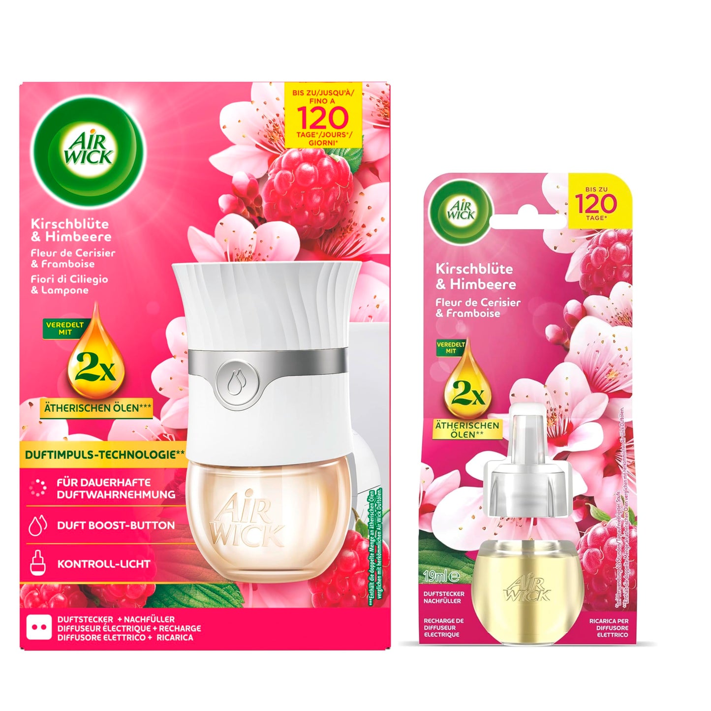 Gaisa atsvaidzinātājs Air Wick Duftstecker sākuma komplekts ar 1 ierīci un 2x19ml ķiršu ziedu un aveņu uzpildēm