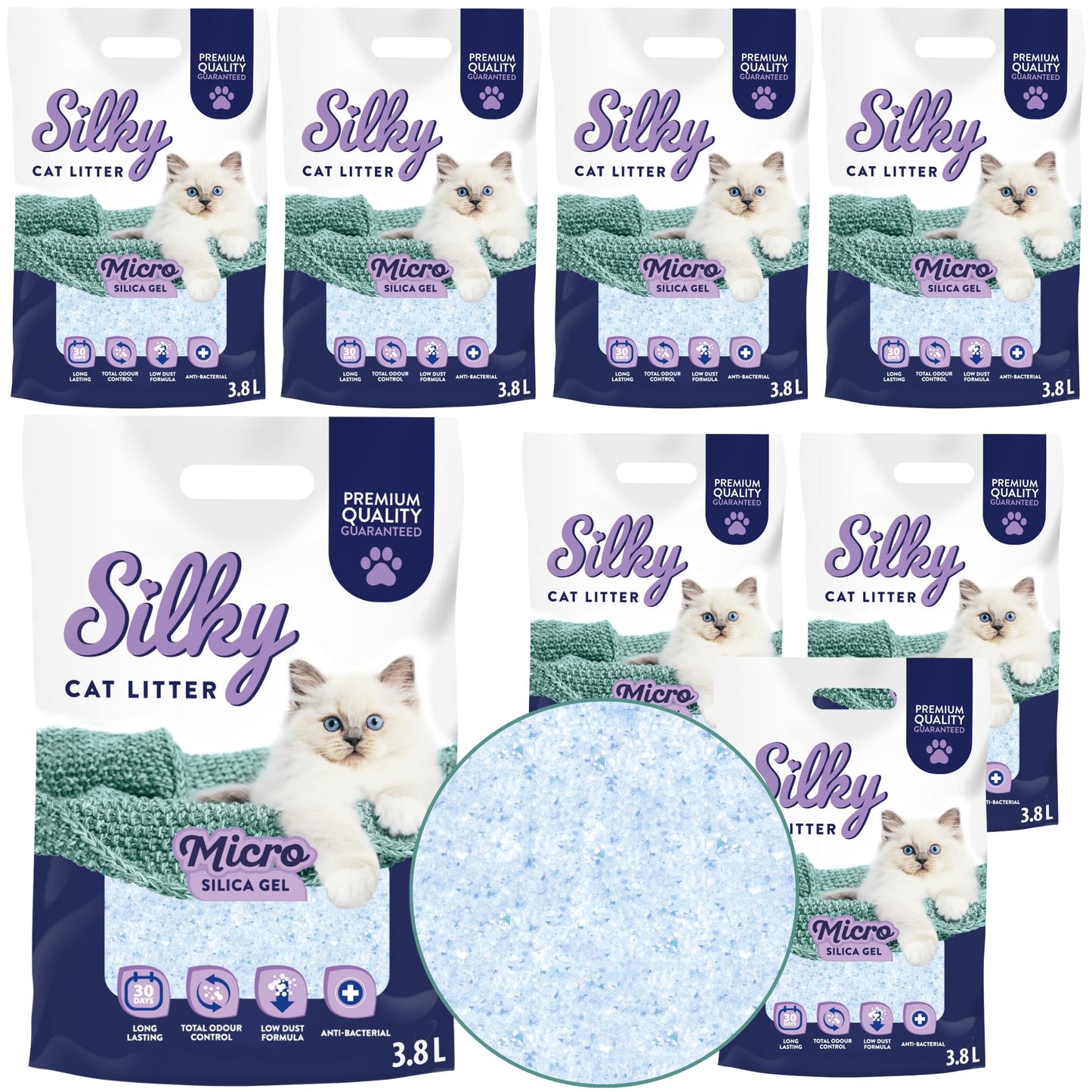 Silky mikro silikāta kaķu smiltis 3,8L | 30,4L komplekts | bez putekļiem, smaku kontrole, uzsūcošas, antibakteriālas, saudzīgas ķepām, ilgstoša svaiguma sajūta, silikagels |8er-Pack