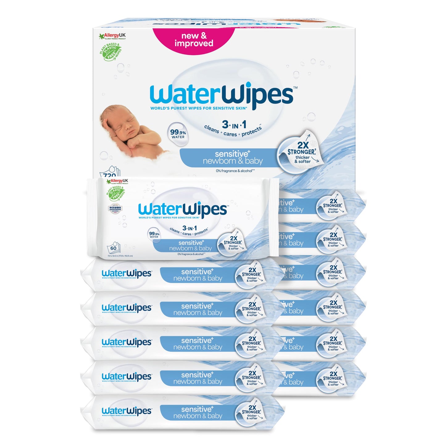 WaterWipes Original mitrās bērnu salvetes, 720 gab. (12 iepakojumi), 99,9 % ūdens, 3-in-1 tīrīšana, kopšana, aizsardzība, bez smaržas, iepakojums var atšķirties