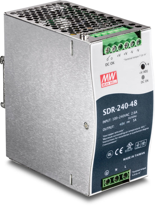 TRENDnet TI-S24048 - 240W DIN rail industrial power supply, extreme temp range -25 to 70 °C, integrated active PFC.