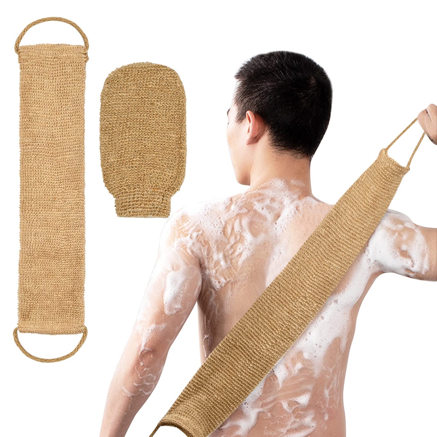 Cozlly muguras skruberis dušai, 100% dabīgs sizala muguras skrubera lente un ķermeņa pīlinga cimds, dušas pīlinga cimdi, masāžas siksna muguras dušai