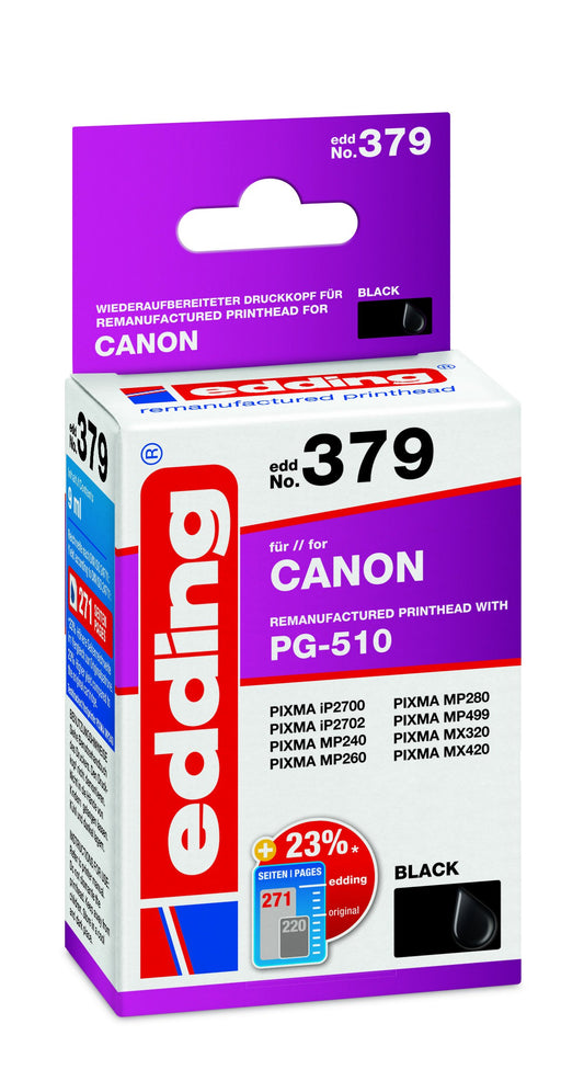 edding printera kasetne EDD-379 - melna, 9 ml, 330 lapu izdrukas apjoms, aizstāj Canon PG-510