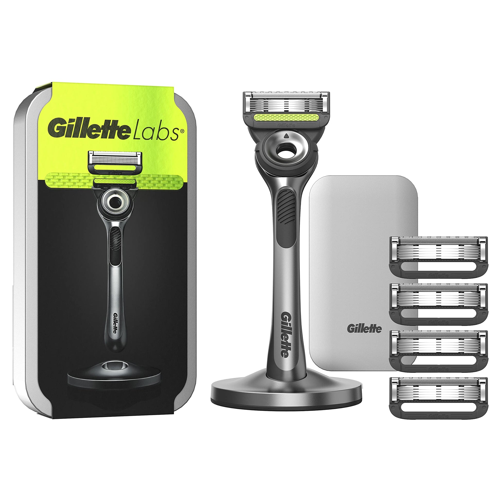 Gillette Labs skuveklis vīriešiem, skuveklis ar tīrīšanas elementu + ceļojumu maciņš uzglabāšanai ceļā + 5 skuvekļu asmeņi, dāvana vīriešiem, premium magnētiskā doks, 1 gabals (1 iepakojums)
