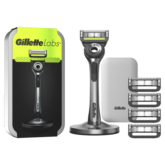 Gillette Labs skuveklis vīriešiem, skuveklis ar tīrīšanas elementu + ceļojumu maciņš uzglabāšanai ceļā + 5 skuvekļu asmeņi, dāvana vīriešiem, premium magnētiskā doks, 1 gabals (1 iepakojums)