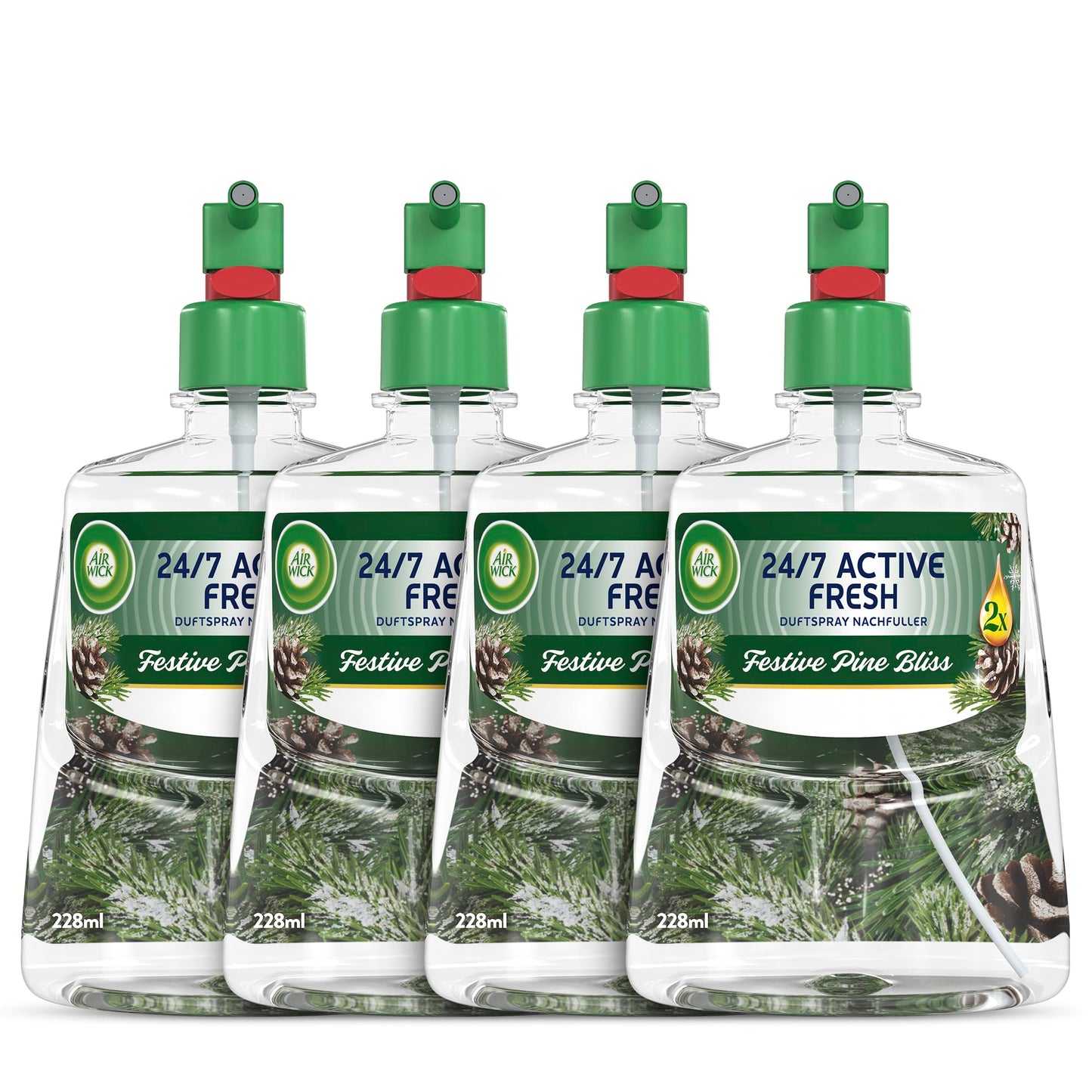 Atsvaidzinātājs ar smidzināšanu Air Wick Active Fresh, bez aerosola, automātisks istabas aromāts Festive Pine Bliss, 4 x 228 ml uzpildes