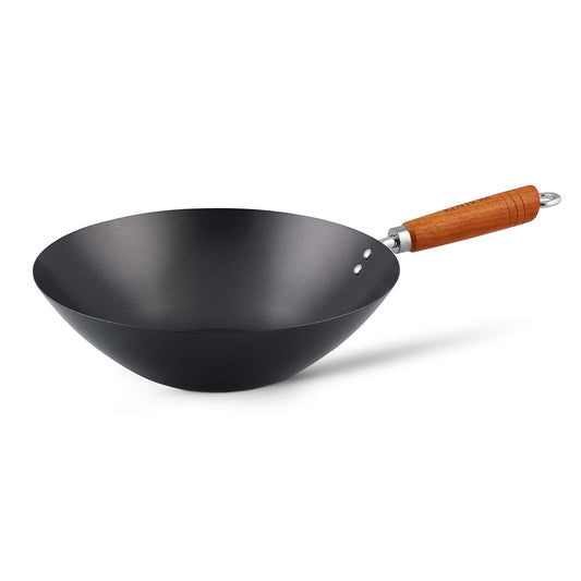 Ken Hom 31 cm oglekļa tērauda wok panna - nelipīgs pārklājums, koka rokturis, plakans dibens, nav piemērota trauku mazgāšanai.