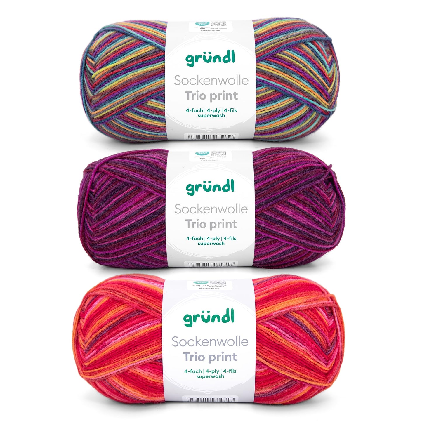 Zeķu dzija Gründl Wolle Sockenwolle Trio 3 šķeteres 100 g, sarkana violeta zaļa